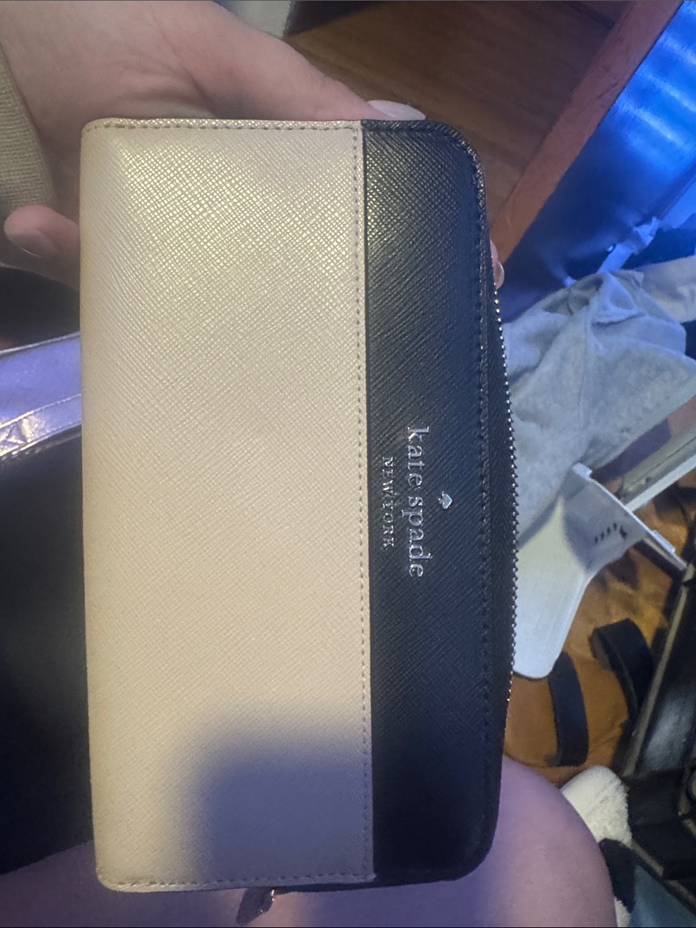 kate spade two-tone cream and black zip-around wallet